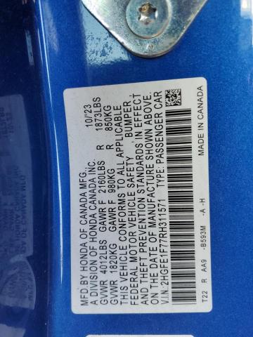 2HGFE1F77RH311571 - 2024 HONDA CIVIC EX BLUE photo 12