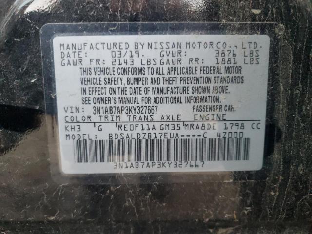 3N1AB7AP3KY327667 - 2019 NISSAN SENTRA S BLACK photo 12