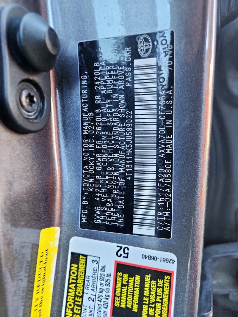 4T1B11HK5JU589022 - 2018 TOYOTA CAMRY L GRAY photo 12