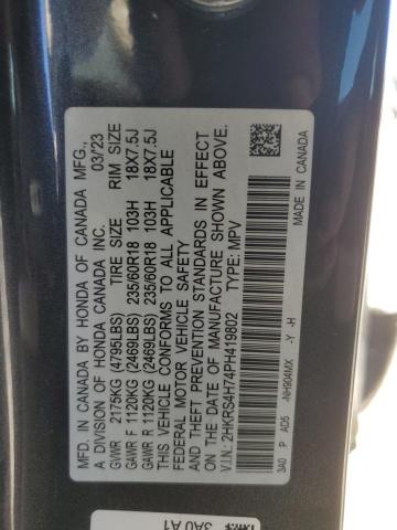 2HKRS4H74PH419802 - 2023 HONDA CR-V EXL Gris foto 14
