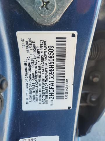 2HGFA15598H508509 - 2008 HONDA CIVIC LX BLUE photo 12