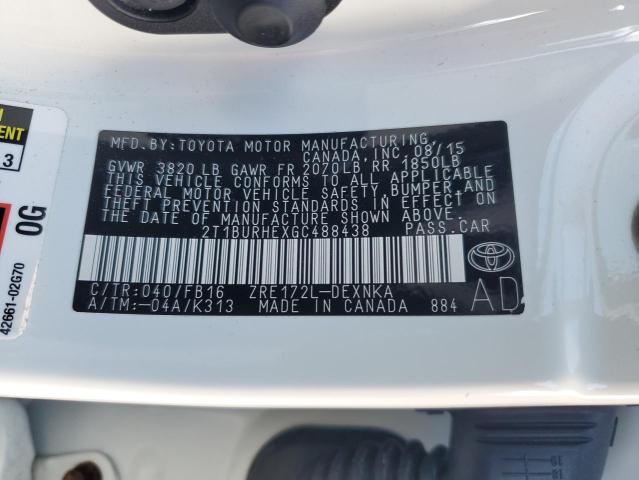 2T1BURHEXGC488438 - 2016 TOYOTA COROLLA L WHITE photo 12