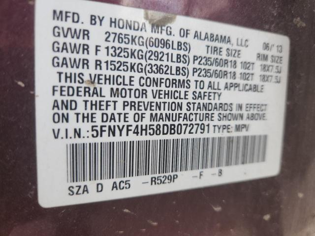 5FNYF4H58DB072791 - 2013 HONDA PILOT EXL 栗色 照片 13