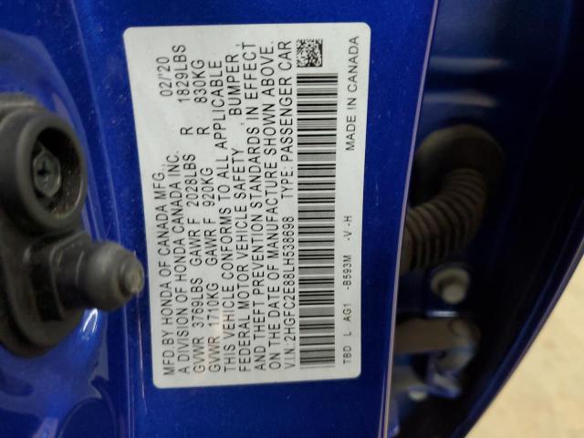 2HGFC2E88LH538698 - 2020 HONDA CIVIC SPORT BLUE photo 12