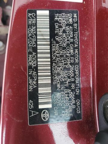 JTDBE32K140257376 - 2004 TOYOTA CAMRY LE BURGUNDY photo 12