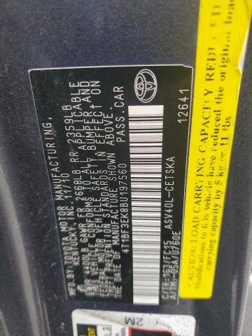 4T1BF3EK8BU197560 - 2011 TOYOTA CAMRY BASE GRAY photo 12