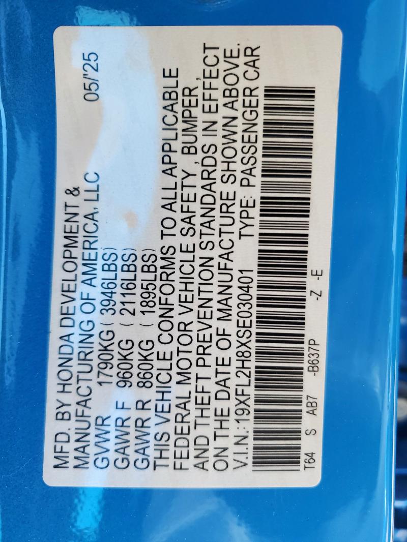 19XFL2H8XSE030401 - 2025 HONDA CIVIC SPORT BLUE photo 13