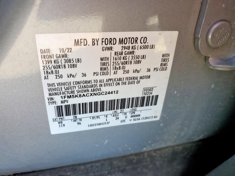 1FM5K8ACXNGC24412 - 2022 FORD EXPLORER POLICE INTERCEPTOR Boz foto 12