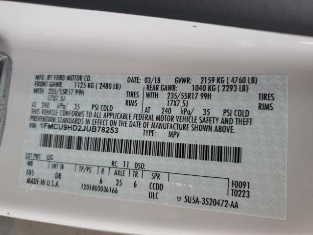 1FMCU9HD2JUB78253 - 2018 FORD ESCAPE SEL 白色 照片 13