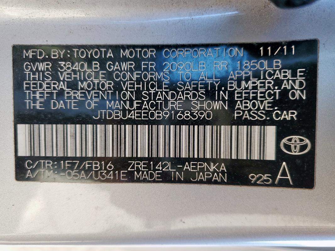 JTDBU4EE0B9168390 - 2011 TOYOTA COROLLA BASE Gümüş foto 12