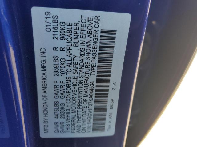 1HGCV1F37KA044534 - 2019 HONDA ACCORD SPORT 蓝色 照片 12