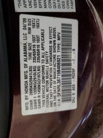 5FNRL38719B406921 - 2009 HONDA ODYSSEY EXL Bordo foto 14