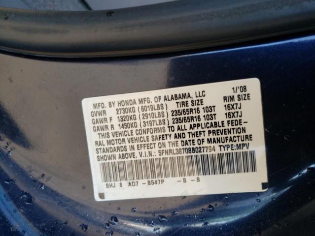5FNRL38708B027794 - 2008 HONDA ODYSSEY EXL BLUE photo 13