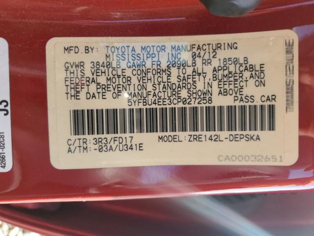 5YFBU4EE3CP027258 - 2012 TOYOTA COROLLA BASE Червоний фото 12