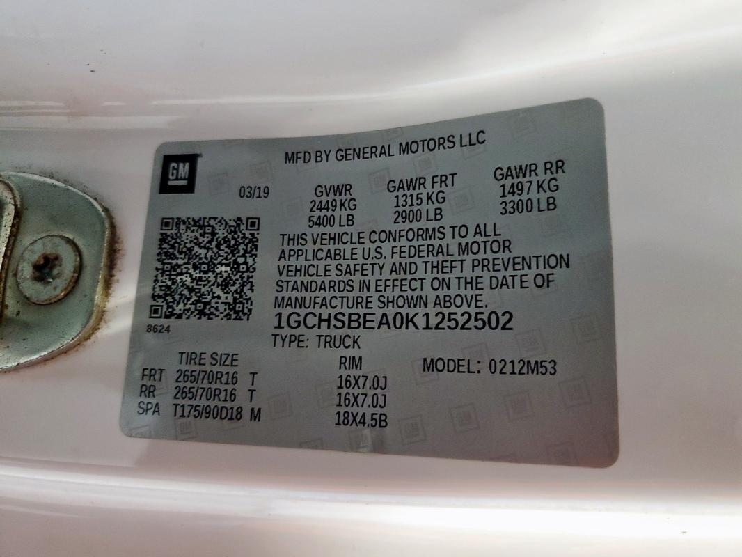 1GCHSBEA0K1252502 - 2019 CHEVROLET COLORADO თეთრი ფოტო 12