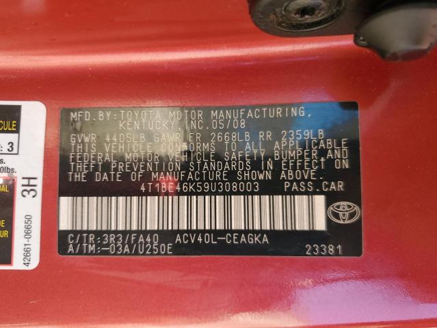 4T1BE46K59U308003 - 2009 TOYOTA CAMRY BASE RED photo 13