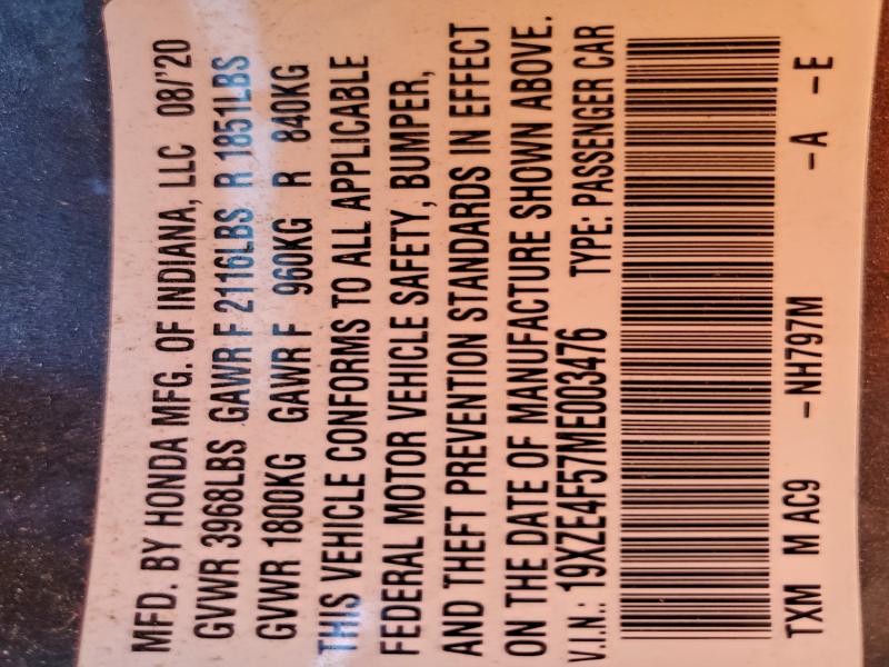 19XZE4F57ME003476 - 2021 HONDA INSIGHT EX GRAY photo 13