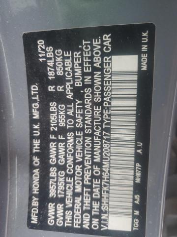 SHHFK7H64MU208717 - 2021 HONDA CIVIC EX رمادي صورة 12