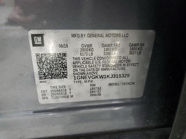 1GNEVGKW1KJ315329 - 2019 CHEVROLET TRAVERSE LT GRAY photo 13