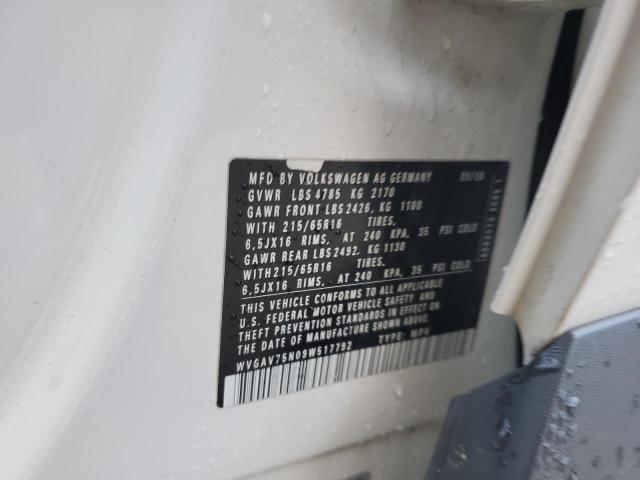 WVGAV75N09W517792 - 2009 VOLKSWAGEN TIGUAN S WHITE photo 13