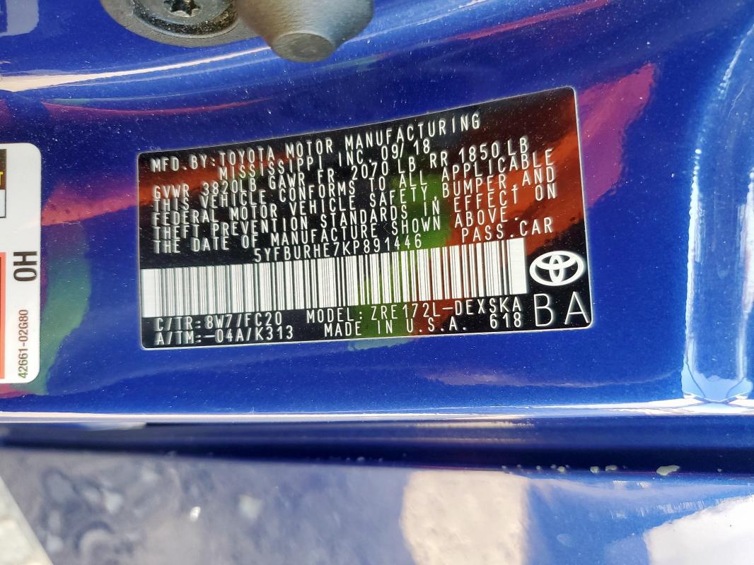 5YFBURHE7KP891446 - 2019 TOYOTA COROLLA L BLUE photo 12