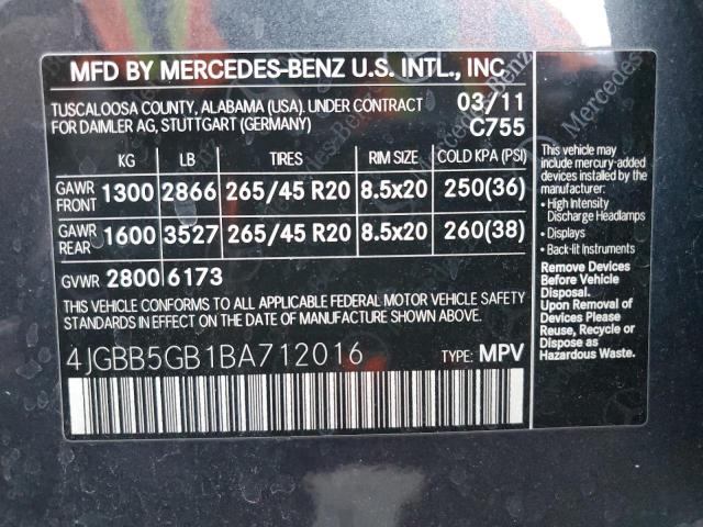 4JGBB5GB1BA712016 - 2011 MERCEDES-BENZ ML 350 灰色 照片 13