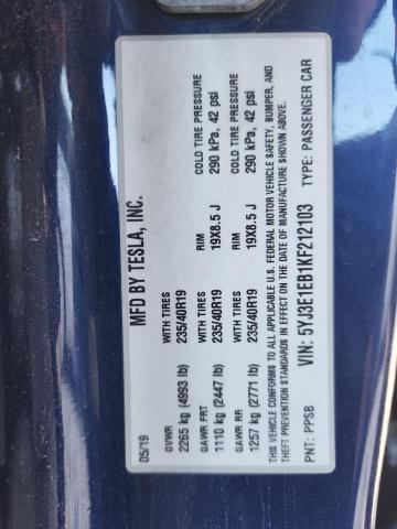5YJ3E1EB1KF212103 - 2019 TESLA MODEL 3 Mavi foto 12