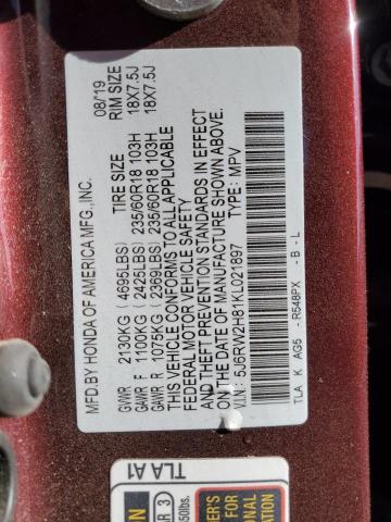 5J6RW2H81KL021897 - 2019 HONDA CR-V EXL Бордовый фото 12