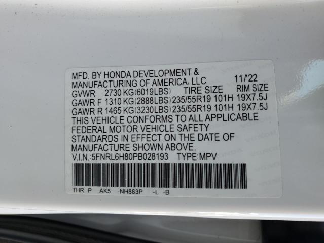 5FNRL6H80PB028193 - 2023 HONDA ODYSSEY TOURING WHITE photo 14