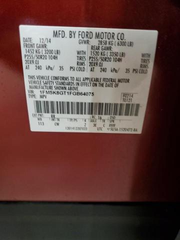 1FM5K8GT1FGB64075 - 2015 FORD EXPLORER SPORT RED photo 13