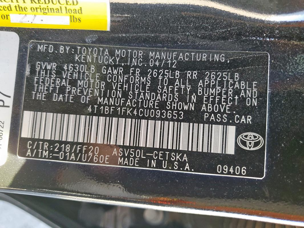 4T1BF1FK4CU093653 - 2012 TOYOTA CAMRY BASE BLACK photo 12