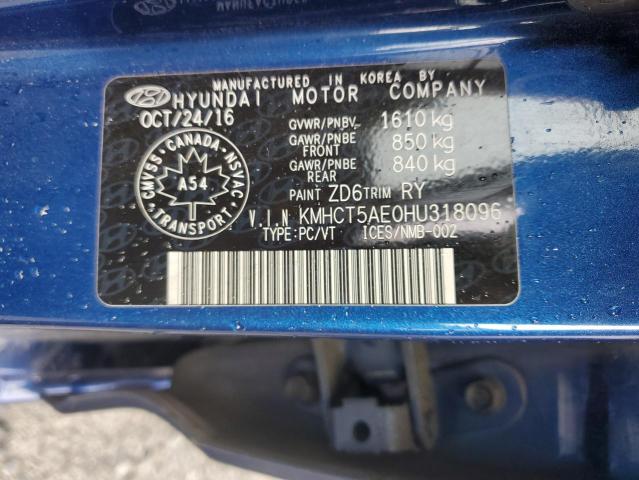 KMHCT5AE0HU318096 - 2017 HYUNDAI ACCENT SE BLUE photo 13