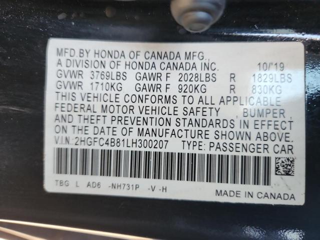 2HGFC4B81LH300207 - 2020 HONDA CIVIC SPORT 黑色 照片 12