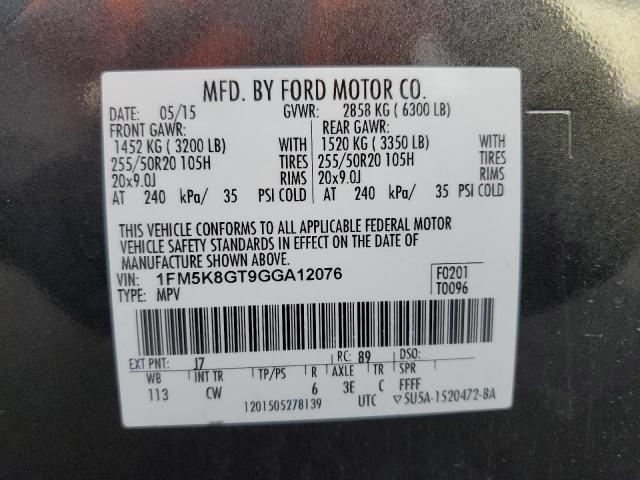 1FM5K8GT9GGA12076 - 2016 FORD EXPLORER SPORT Szary zdjęcie 13