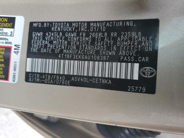 4T1BF3EK6AU108387 - 2010 TOYOTA CAMRY BASE GOLD photo 12