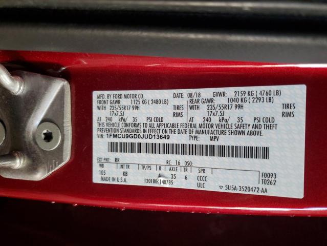 1FMCU9GD0JUD13649 - 2018 FORD ESCAPE SE Қызыл фото 13