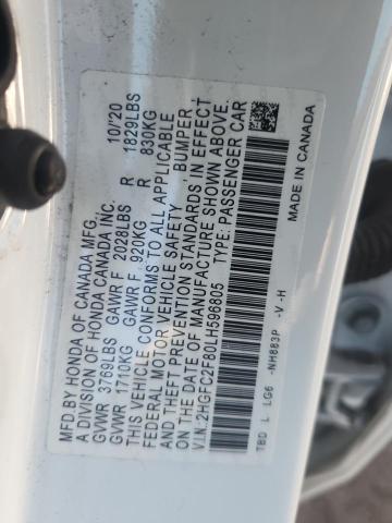 2HGFC2F80LH596805 - 2020 HONDA CIVIC SPORT WHITE photo 12