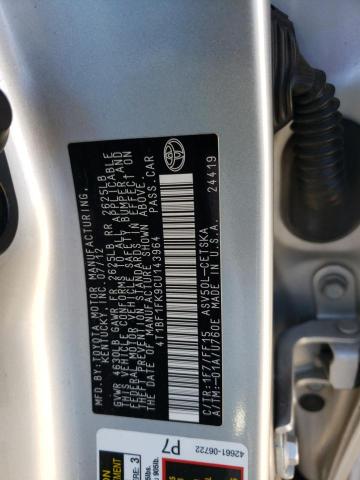 4T1BF1FK9CU143964 - 2012 TOYOTA CAMRY BASE 银色 照片 12