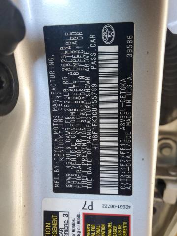 4T1BF1FK0CU155789 - 2012 TOYOTA CAMRY BASE 银色 照片 13