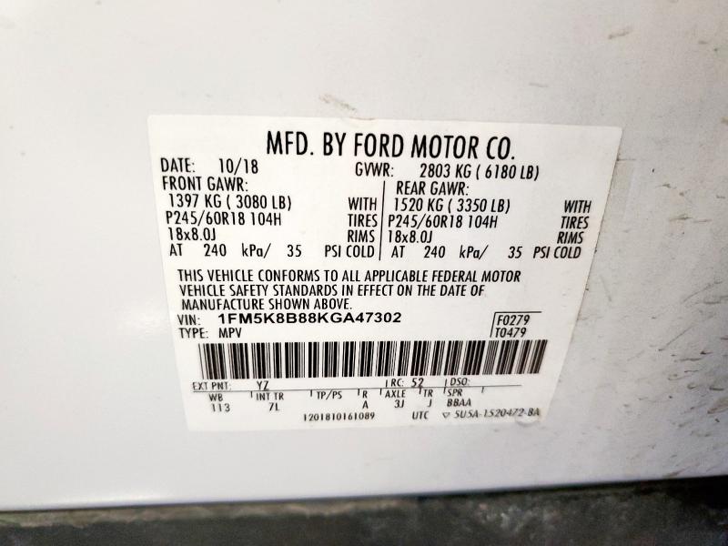 1FM5K8B88KGA47302 - 2019 FORD EXPLORER Ağ foto 12