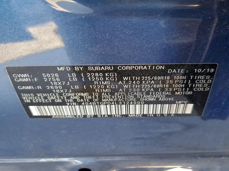 4S4BTGPD4L3124000 - 2020 SUBARU OUTBACK TOURING LDL ლურჯი ფოტო 13