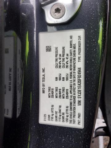 5YJ3E1EA3SF924944 - 2025 TESLA MODEL 3 Գրաֆիտ լուսանկար 12