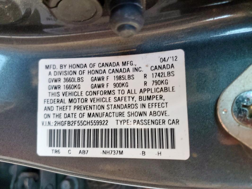 2HGFB2F55CH559922 - 2012 HONDA CIVIC LX Boz foto 12