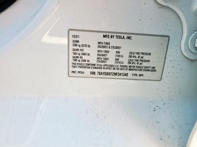7SAYGDEF2NF341348 - 2022 TESLA MODEL Y WHITE photo 13