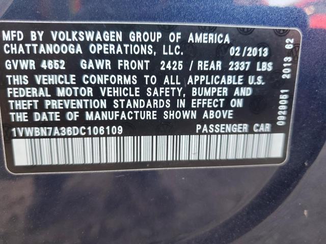 1VWBN7A36DC106109 - 2013 VOLKSWAGEN PASSAT SE ლურჯი ფოტო 12