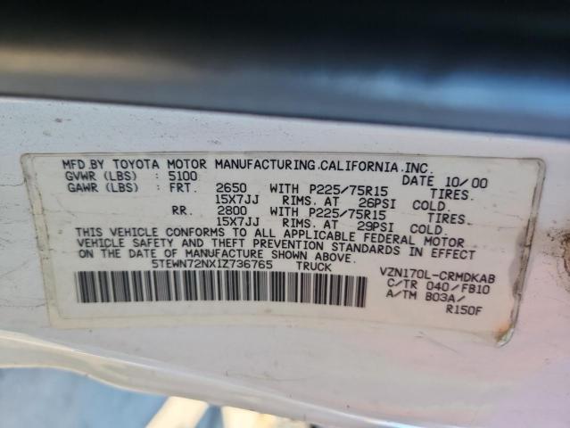 5TEWN72NX1Z736765 - 2001 TOYOTA TACOMA XTRACAB თეთრი ფოტო 12
