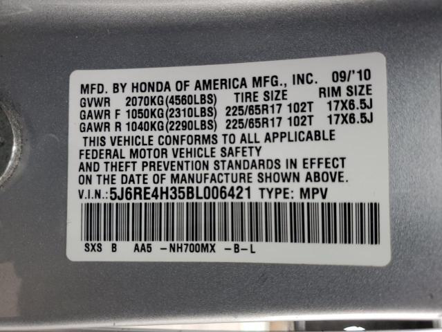 5J6RE4H35BL006421 - 2011 HONDA CR-V LX ვერცხლისფერი ფოტო 13