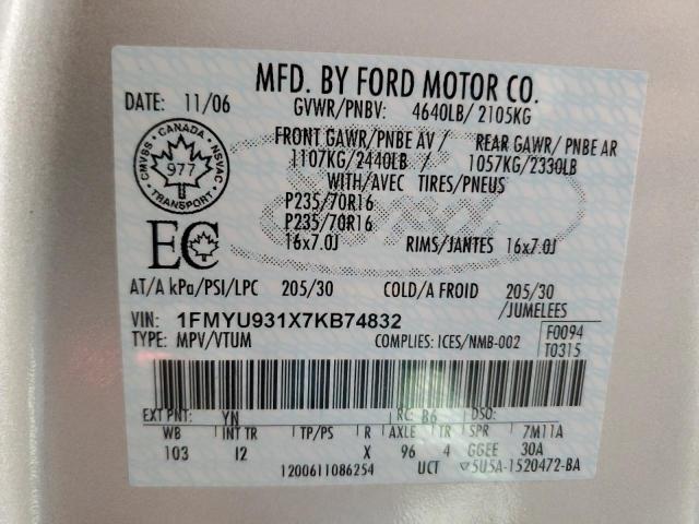 1FMYU931X7KB74832 - 2007 FORD ESCAPE XLT SILVER photo 13