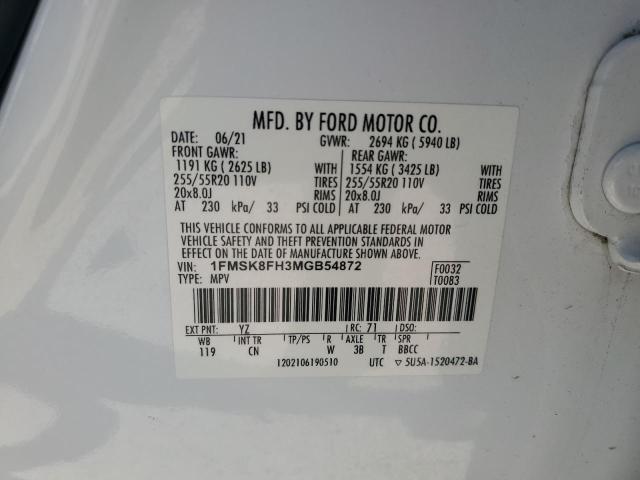 1FMSK8FH3MGB54872 - 2021 FORD EXPLORER LIMITED WHITE photo 13