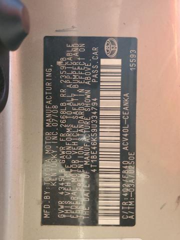 4T1BE46K59U334794 - 2009 TOYOTA CAMRY BASE ოქროსფერი ფოტო 12